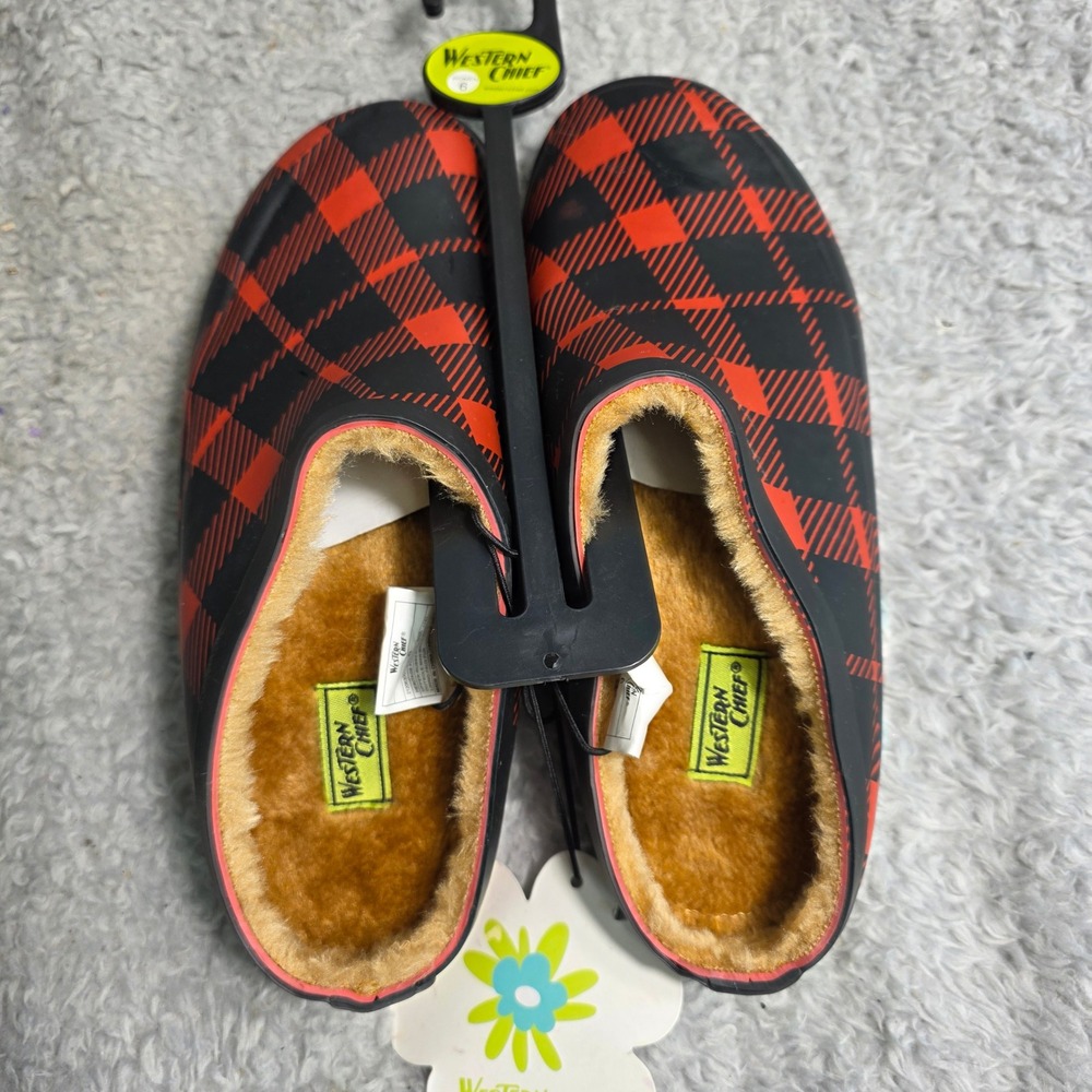Western Chief Rubber Clogs Red Black Buffalo Plaid Faux Fur Lined Women 6 NEW‎